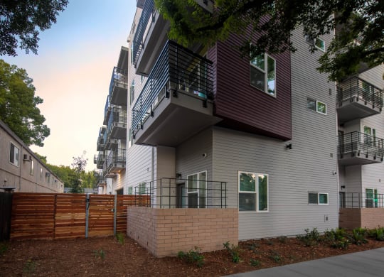 Exterior of Lavender showing patios and balconies.