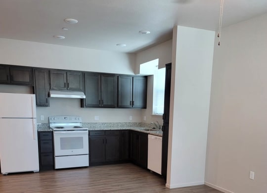 Kitchen and living room at Lavender with wood floors, dark cabinets, and white appliances.