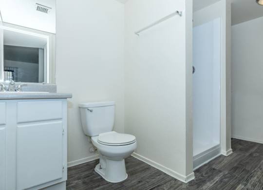 A white toilet sits in a bathroom next to a sink and a walk-in shower.