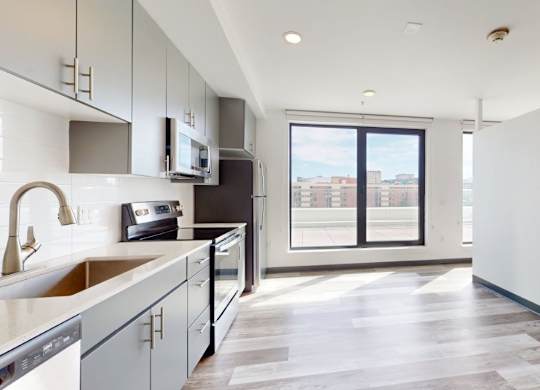 A modern kitchen with a view of the city through the window.