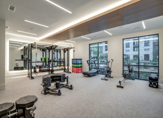 a workout room with weights and cardio equipment on the floor and large windows