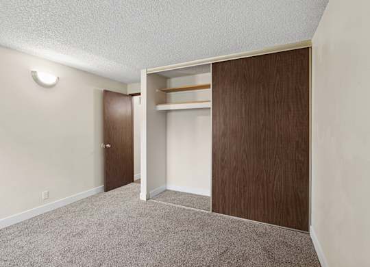 A room with a brown door and a brown wardrobe.