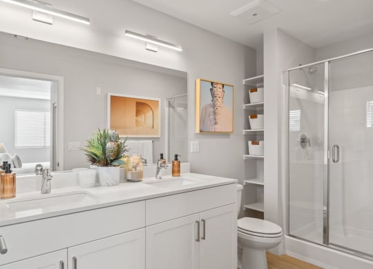 a bathroom with a sink and a shower and a toilet