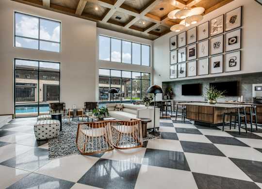 A black and white checkered floor in a modern living room.