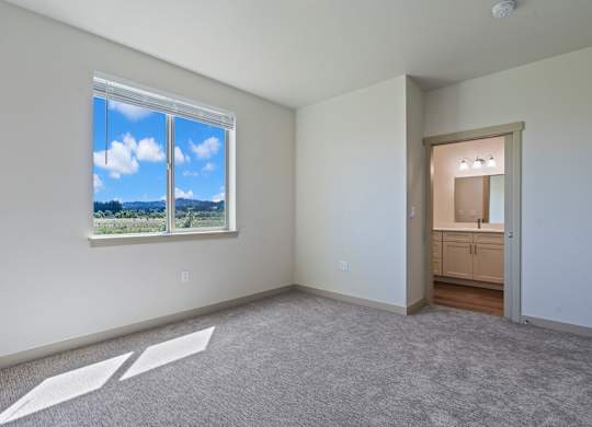 A room with a large window and a carpeted floor.