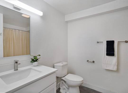 A white bathroom with a toilet, sink, and mirror.