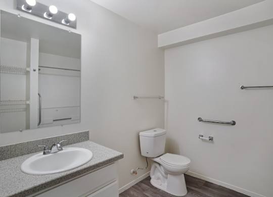 A white toilet sits next to a sink in a bathroom.
