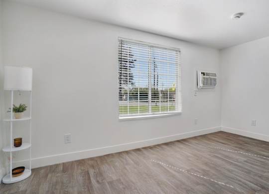 A room with a window and a floor lamp.