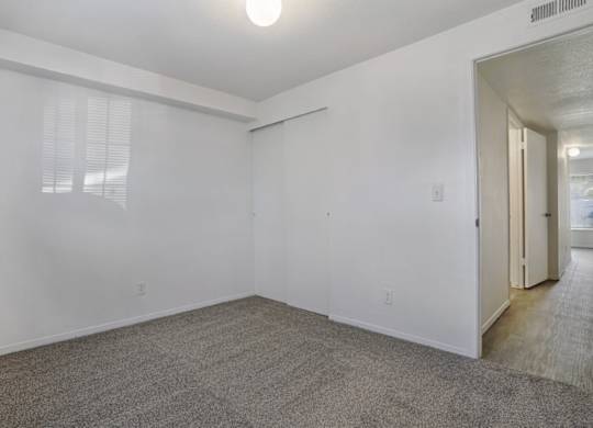 A room with white walls and carpeted floor.