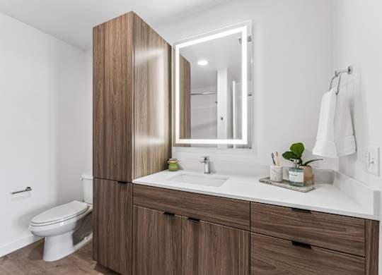 A bathroom with a white sink and a brown cabinet.