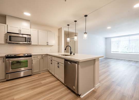 A kitchen with a stove, oven, and microwave.