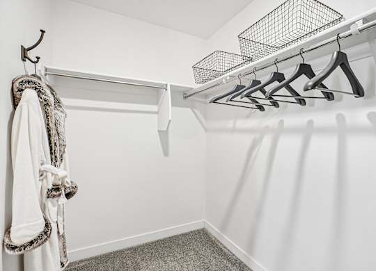 A white closet with a row of hangers and a robe hanging on the left.