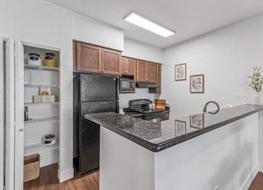 A kitchen with a black fridge and wooden cabinets.