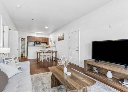 A modern living room with a grey sofa, a wooden coffee table, and a flat screen TV.