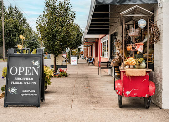 A flower shop named Ridgefield Floral & Gifts is open for business.