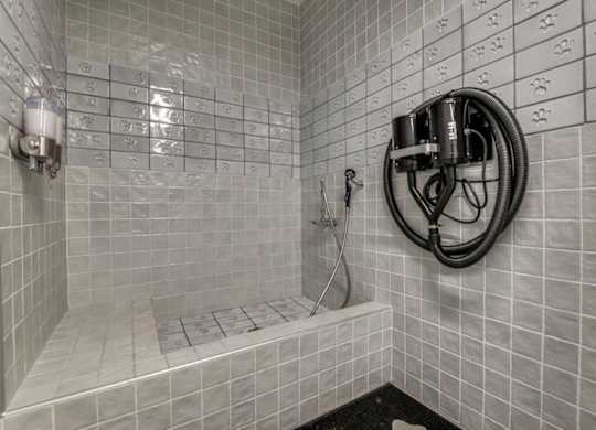 A bathroom with a shower and a hose.