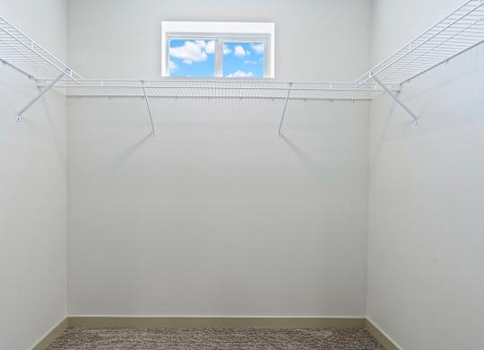 Empty white room with a window and hangers on the wall.
