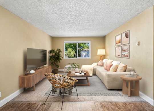 A living room with a television, sofa, and a chair.