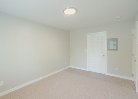 A room with a white door and carpeted floor.