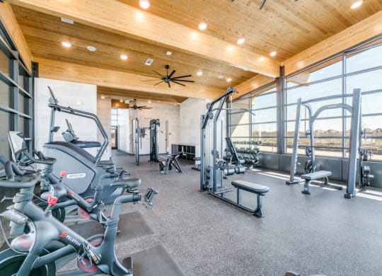 the gym has plenty of exercise equipment and large windows