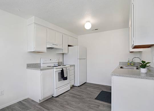 A white kitchen with a stove, oven, and sink.