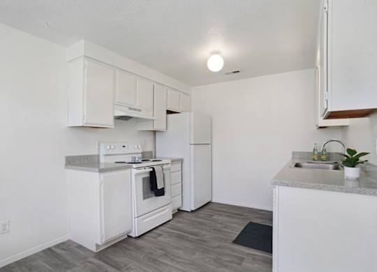 A white kitchen with a stove, refrigerator, and countertop.