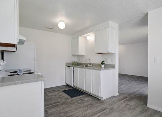 A kitchen with white cabinets and a granite countertop.