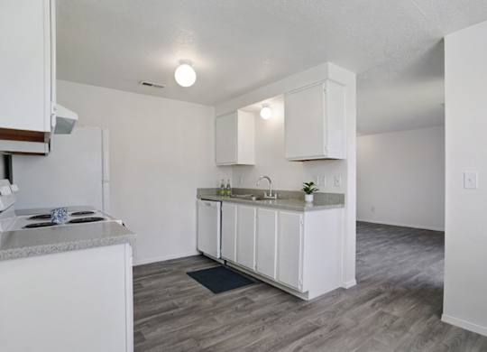 A kitchen with white cabinets and a granite countertop.