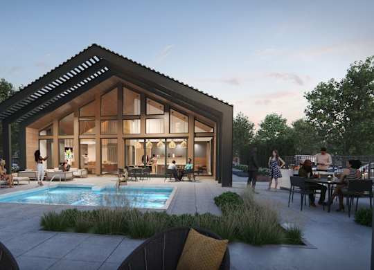 A modern house with a pool in the backyard.