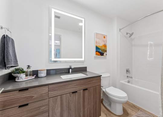 A bathroom with a white toilet, a sink, a mirror, and a shower.