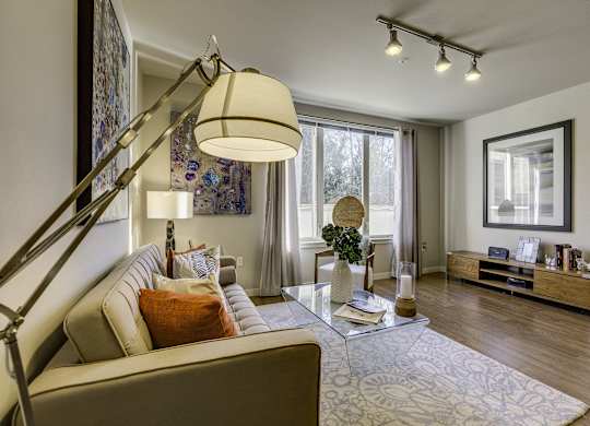 A living room with a couch, a coffee table, and a lamp.