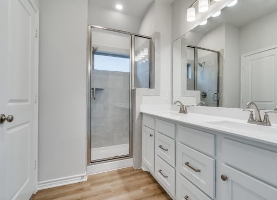 a white bathroom with two sinks and a shower