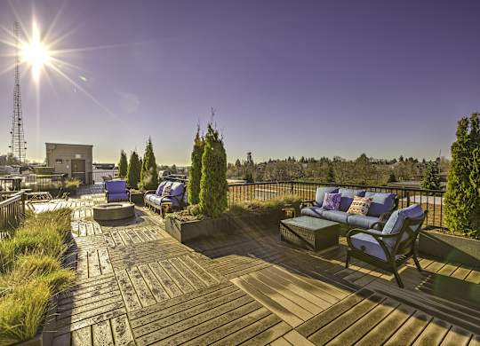 A sunny day on a wooden deck with blue chairs and cushions.