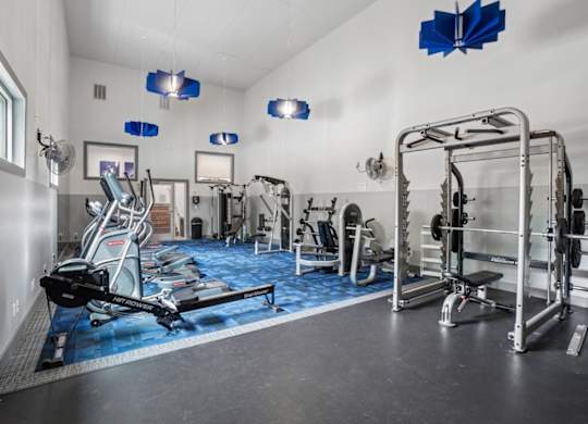 A gym with a variety of equipment including treadmills, weights, and exercise machines.