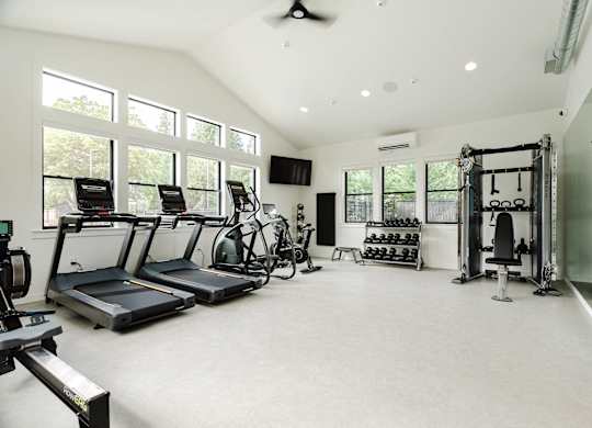 A spacious gym with treadmills, exercise bikes, and weightlifting equipment.