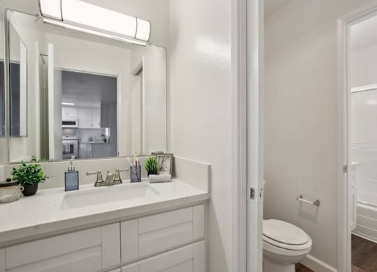 A white bathroom with a sink, mirror, toilet and a plant.