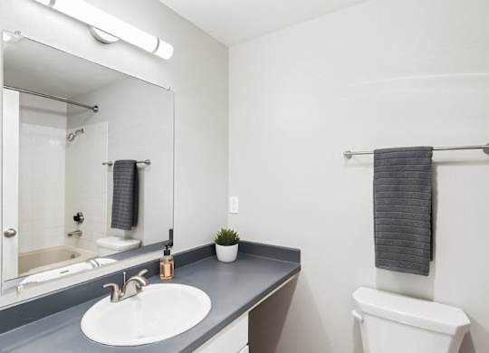 A bathroom with a white sink and a white toilet.