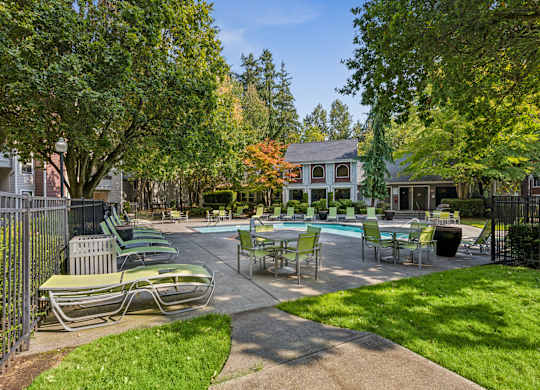 A pool surrounded by trees and chairs.