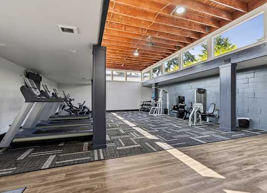 A gym with treadmills, exercise bikes, and weights.