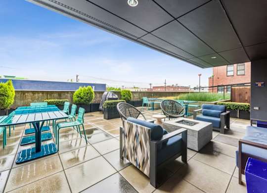Outdoor terrace with fire pit and seating and grills at Grand Belmont Apartments in Central Eastside Portland, Oregon.