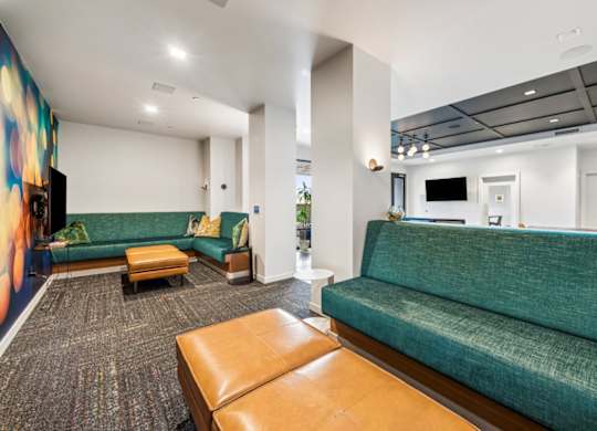 Theatre and gaming lounge at Grand Belmont Apartments in Central Eastside Portland, Oregon.