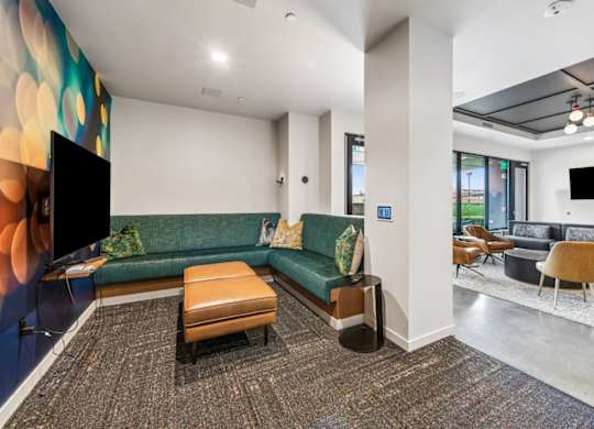 Theatre and gaming lounge at Grand Belmont Apartments in Central Eastside Portland, Oregon.