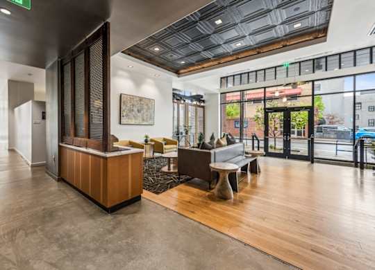 Front lobby and coffee bar area at Grand Belmont Apartments in Central Eastside Portland, Oregon.