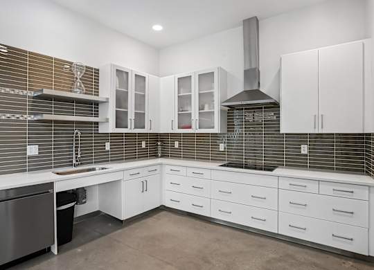 A modern kitchen with white cabinets and a stainless steel dishwasher.