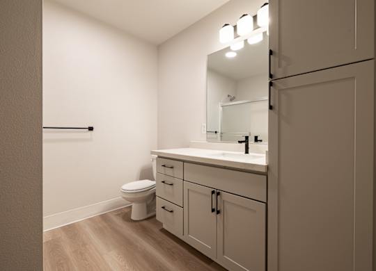 A bathroom with a toilet, sink, and mirror.