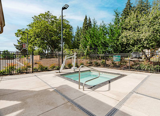 A small pool surrounded by a fence and trees.