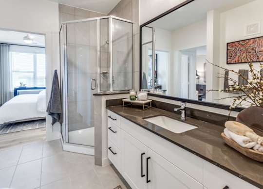 A modern bathroom with a walk-in shower and double sinks.