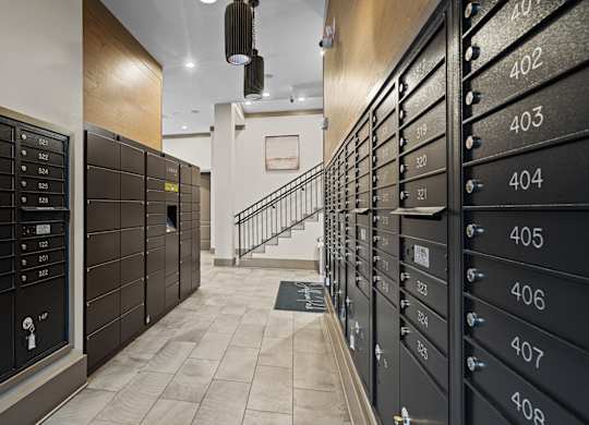 the lockers in the hallway of a building with a staircase at Alton Jefferson Park, Colorado, 80211