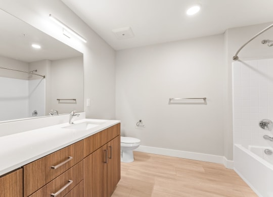 a bathroom with a large mirror and a sink and a toilet