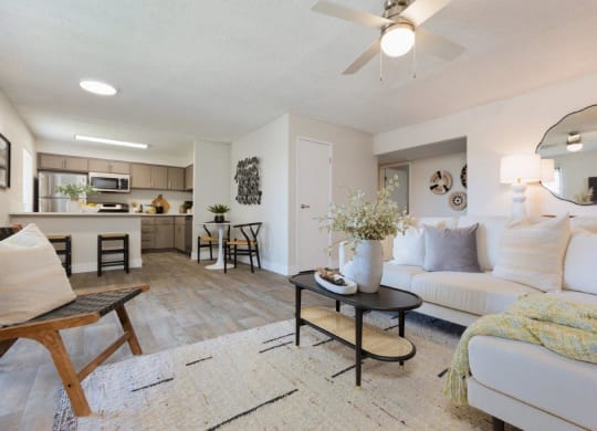 a living room and kitchen with a ceiling fan